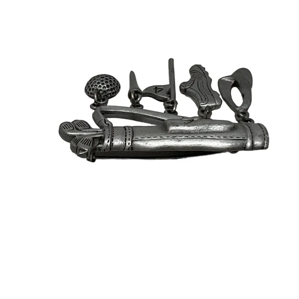 JJ Golf Bag Charms Brooch Hat Ball Signed Silver‎ Tone Pewter Vintage Pin